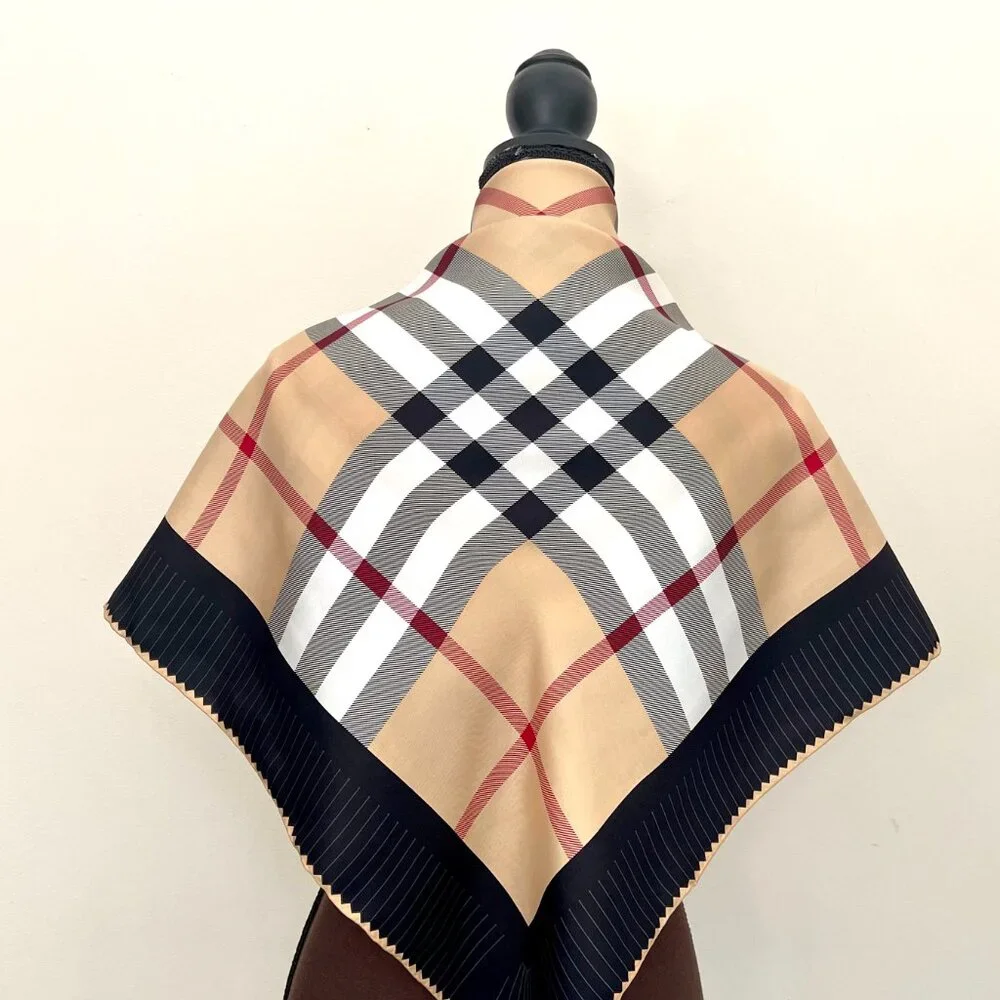 New Burberry Scarf House Check Beige Black Border Silk Scarf Wrap - Picture 14 of 14
